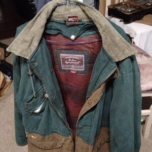 URBAN Equipment Brand Mens Jacket Green Curdoroy Quilted With A Hoodie Vintage